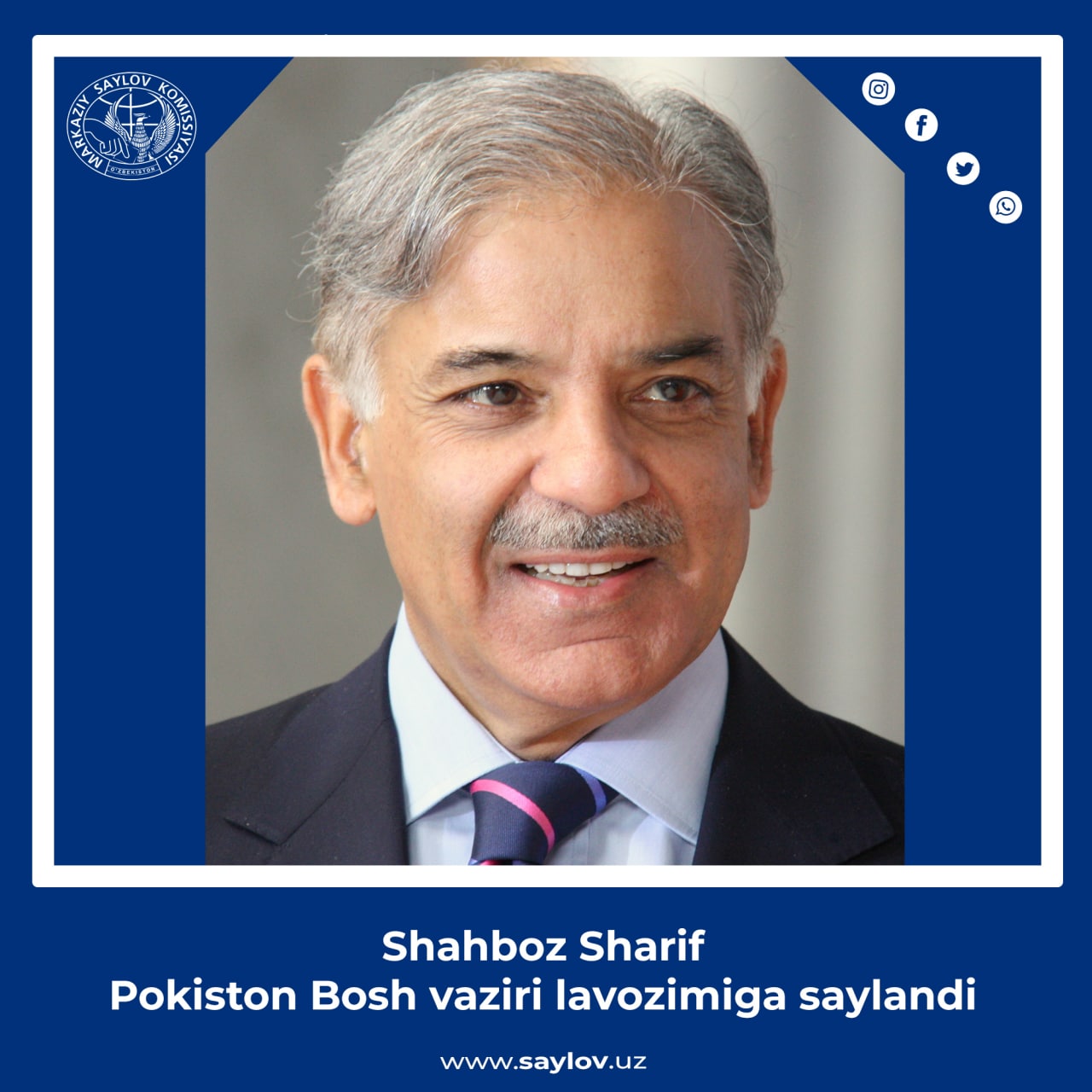 Shahboz Sharif Pokiston Bosh vaziri lavozimiga saylandi