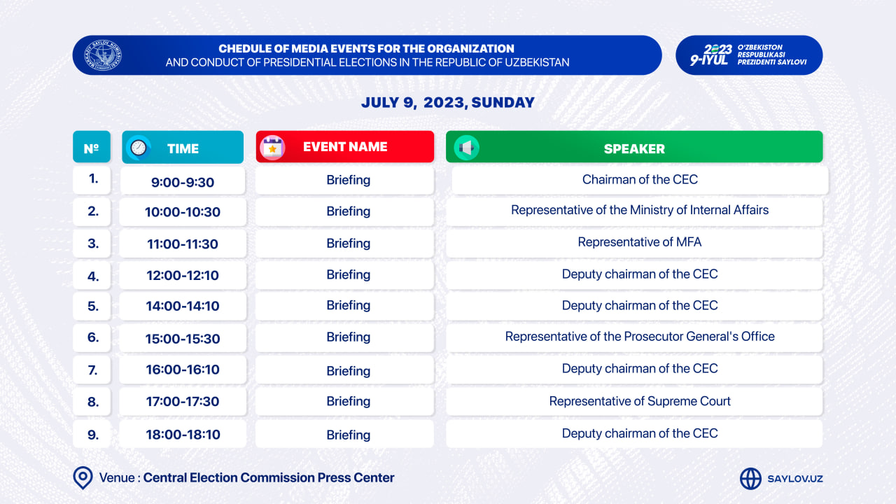 Schedule of media events for July 9, 2023 for the organization and conduct of the election of the President of the Republic of Uzbekistan