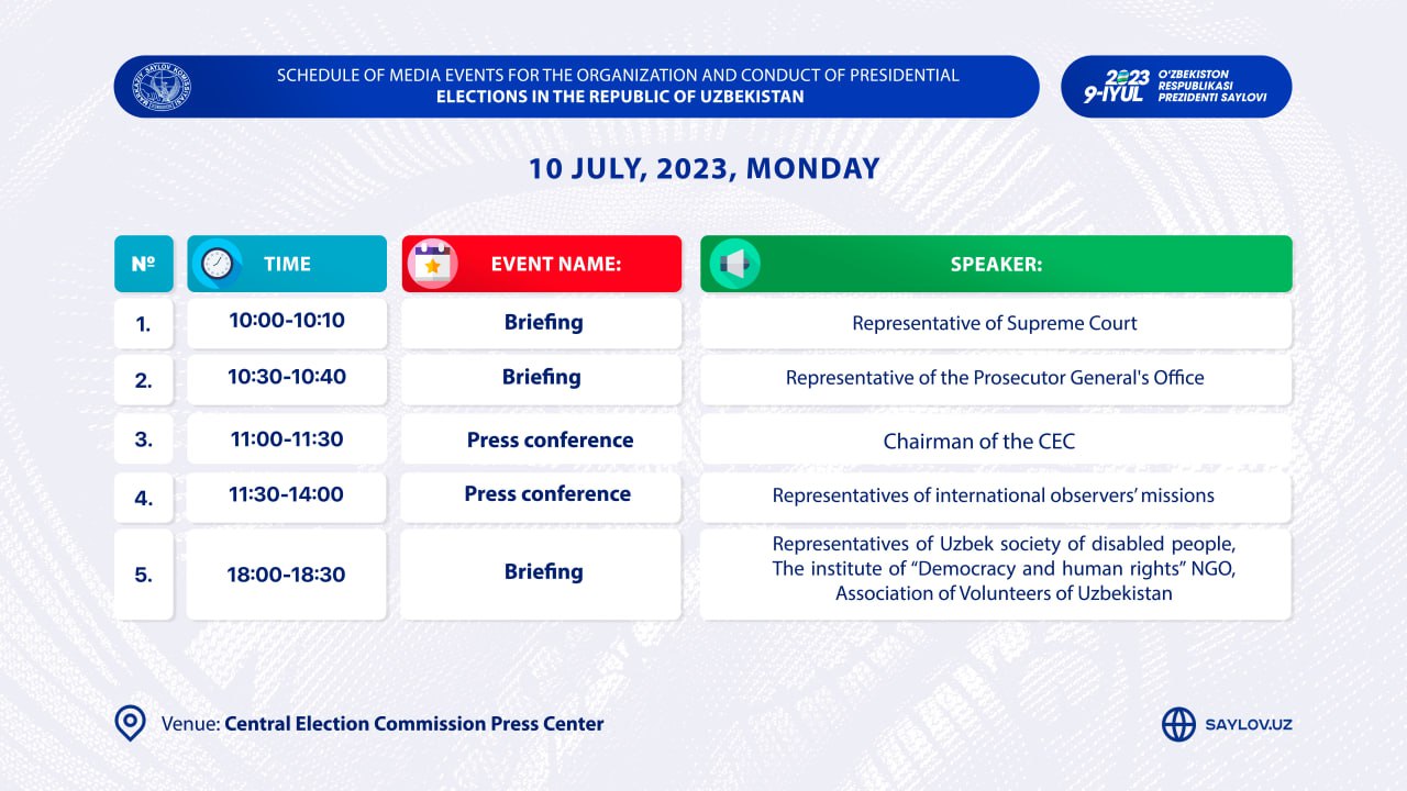 Schedule of media events for July 10, 2023 for the organization and conduct of the election of the President of the Republic of Uzbekistan